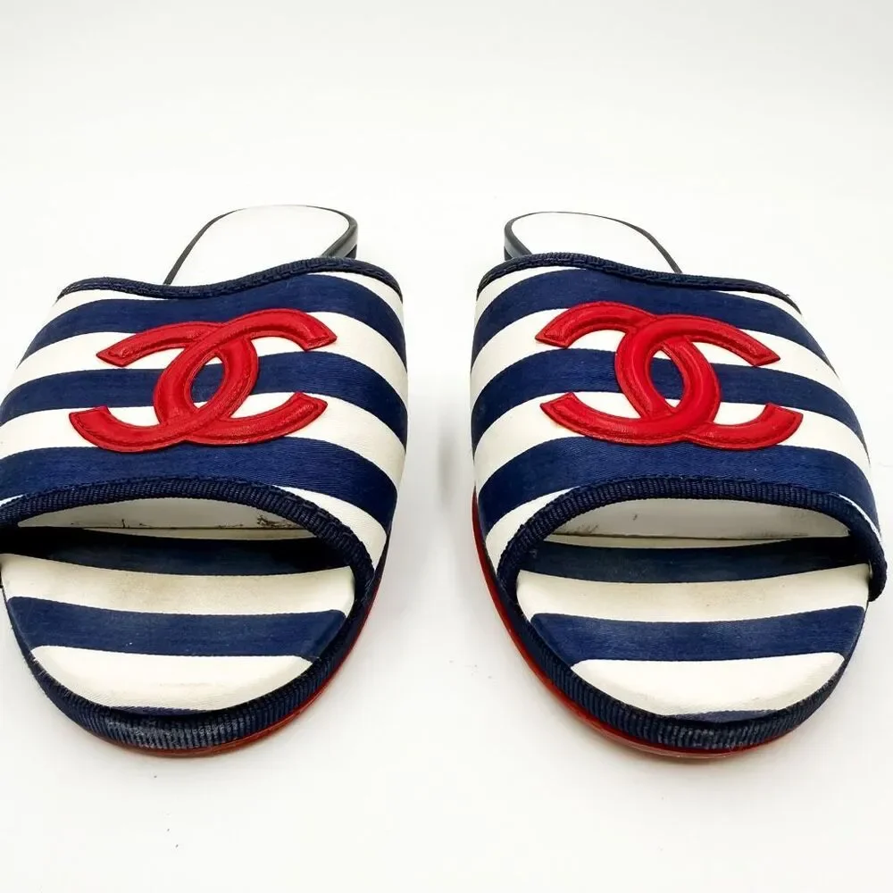 Chanel CC Logo Navy White Stripe Sandals Flats EU 9 US 8-8.5